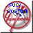 A circular red and white pixelated icon with blue text reading 'FUCK BOSTON' overlaid on a stylized face.