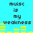 Pixelated text reads "muisic is my weakness" on a cyan background with yellow audio equalizer bars, animated to change height.