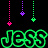 Pixelated text 'JESS' in green and pink with hanging star-shaped decorations on a black background.