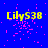 Blue background with yellow text 'LilyS38' and scattered pink pixel clusters, one gray rectangle in bottom-right corner.