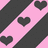 Pixelated pink background with diagonal dark gray stripes and three black heart shapes, accompanied by text reading 'random hearts' and 'going sideways'.