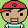 Pixel art contact sheet showing two frames of a red-capped character with brown hair, green shirt, and white collar against light green background.