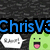 Pixelated image with blue text 'ChrisV3' over dark background, two green cartoon characters with open mouths and speech bubbles containing unreadable text.