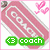 A pink Coach keychain icon with 'COACH' text, a green '<3 coach' label in the first frame, and animated color changes to purple then cyan labels.