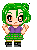 Pixel art character with green hair in twin buns, purple shirt, green plaid skirt, and black shoes, shown in two expressions.