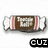 Brown candy-shaped icon with red and white striped ends, displaying partial text 'CUZ', 'tits', 'how', 'all' in black pixelated font below.