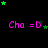 A black background displays multiple 'Cha =D' text strings in pink, with green star animations moving across the screen.