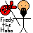 Pixel art buddy icon featuring a red ladybug with black spots and antennae connected by a dotted line to a yellow stick figure with a round head, standing on a white background with text "Freddy the Hobo" below.