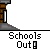 Pixelated character in purple pants and blue shirt moves right across gray background with brick pillars, saying "Schoo" then "WOOHOO".