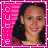 Four identical pixelated images of a person with dark hair and red clothing arranged in a on pink background with vertical text