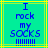 Pixelated text on cyan background with yellow lines, displaying "I rock my socks" in blue letters and vertical blue lines below