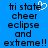 Blue background with black pixelated text reading 'hi state cheer eclipse and exteme!!' and a white heart-shaped cursor icon above the word 'state'.