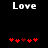 Two identical display 'Love' text above red heart icons on a black background, with one heart's color shifting between frames