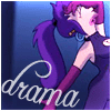 Pixelated character with purple hair in a high ponytail, wearing a dark blue dress and purple arm warmers, holding a hand to her face against a blue background with white cursive text.