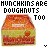 four identical pixelated images showing a box with 'MUNCHKINS ARE DOUGHNUTS TOO' text above it, each image repeated in and