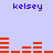 Light purple background with four instances of the word 'kelsey' in blue pixelated text and red horizontal bar patterns that change across frames.