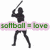 Pixelated icon shows a black silhouette of a person swinging a bat, with green text 'softball = love' on a pink banner across the torso.