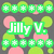 Pixelated green and pink floral shapes surround a central green rectangle with white text reading "Jilly V." on a dark gray background.