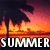 Pixelated sunset scene with palm trees reflected in water, displaying text overlays that change across frames.