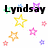 Pixelated text 'Lyndsay' and 'Breanna' surrounded by colorful star and flower shapes on a white background.