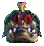A pixelated cartoon head with red eyes, green hair, and a golden top shows four distinct mouth expressions in sequence.