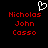 Pixelated red text 'Nicholas John Casso' appears twice on black background with white heart outline above left text block.