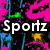 Pixelated image with 'Sportz' text, colorful abstract background on left, grayscale soccer ball and 'EAT SPORTZ' text on right.