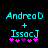 Pixelated cyan text 'AndreaD' above a cyan plus sign, with 'IssacJ' below, and five pink/purple asterisks at the bottom on a black background.
