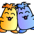 Two pixelated cartoon characters with closed eyes and open mouths, one yellow-orange with an orange top, the other light blue with a darker blue top, standing side-by-side.
