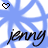 Pixelated blue and white starburst background with black cursive text 'Jenny' at bottom, two heart icons above; left heart is hollow outline, right heart is solid fill.