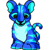 Blue and cyan striped cartoon animal with large ears, yellow eyes, white chest, and curled tail in three distinct poses.