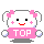 A 4-frame animated contact sheet of a pixelated cartoon character with pink bows, black eyes, red smile, and "TOP" text on its shirt against gray background.