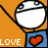 A 3x2 contact sheet of a pixelated animated icon showing a stick figure with a white head and blue torso holding an orange heart against an orange background, with the word "LOVE" visible in some frames.