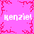 Pixelated pink background with red branching patterns and repeated white text 'kenzie! kenzie!' in four corners.