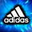 Static pixelated icon featuring the Adidas logo on a blue gradient background with light effects.