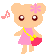 Pixelated cartoon bear in pink dress with yellow strap bag, pink flower on head, brown eyes, gray background, musical note near left side.