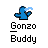 Pixelated blue cartoon character with raised arm and light blue smoke effect above head, positioned above black pixelated text reading 'Gonzo Buddy' on white background.