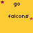 Yellow background with black text 'go' and 'falcons' repeated in a , surrounded by red and orange star icons in various positions