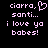 Pixelated text in light purple on black background with heart symbol replacing comma after 'ciarra,'