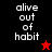 Four display 'alive out of habit' text with star symbols; top-left has black background, red star, and white pixelated text; bottom-right shows dark red background with same text