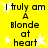 Yellow background with black text reading "I truly am A Blonde at heart" and white star shapes, displayed in a of four identical