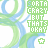 A static pattern of repeating green text and blue-green circular shapes on a white background, with small plus signs between