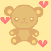 Two pixelated teddy bears with brown bodies and yellow accents sit on a pale yellow background, surrounded by pink hearts.