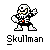 Pixelated character with skeletal face, black-and-white body, and multicolored accents in a dynamic pose holding two circular objects.