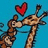 Two giraffes kiss under a red heart on a blue background, with green pixelated text on black below