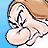 Pixelated image of a light-skinned hand with brown hair holding a white object against a blue background.
