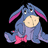 Pixelated blue donkey with pink inner ears and bow tie, large beige belly patch, black eyes with white highlights, static image on black background.