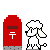 Animated pixel art contact sheet showing a white poodle mascot interacting with red mailboxes across seven frames, including one frame with a speech bubble and another with a flag in the mailbox slot.