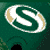 A pixelated circular icon with a white and green spiral design on a dark green background, featuring two beige accents on the left and right edges.