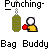 Pixel art of a yellow-shirted figure with red gloves punching a green hanging bag, displayed across multiple text-labeled